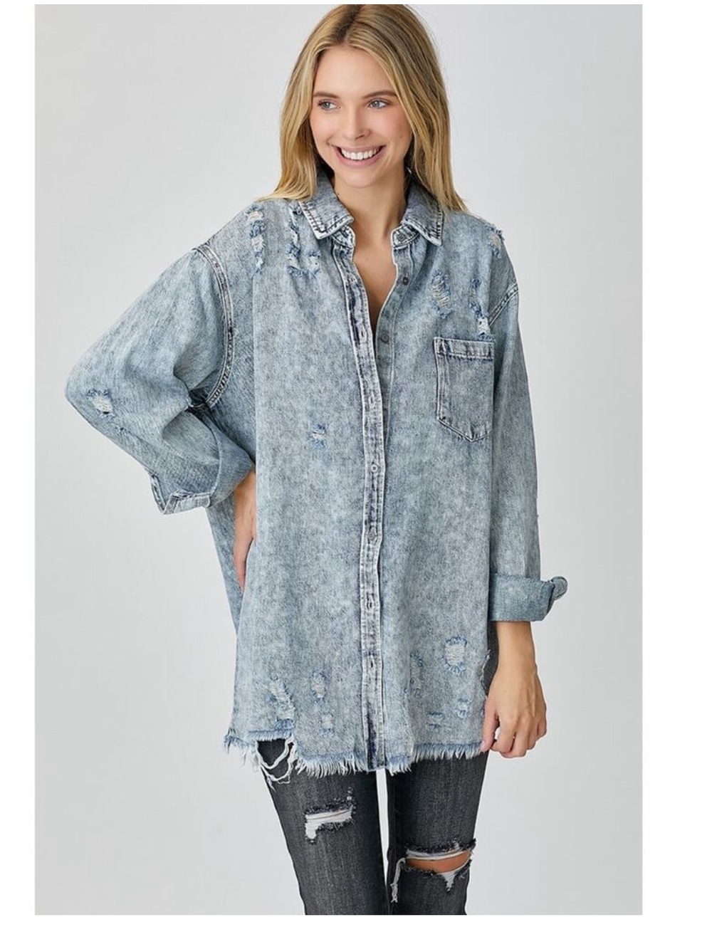 #R303 - Washed Light Blue Distressed Denim Button-Down Shirt Shacket - 2X